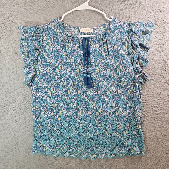 Solitaire Embroidered Top Blouse Women XL Floral Ruffle Cap Sleeve Green Yellow - Picture 1 of 9